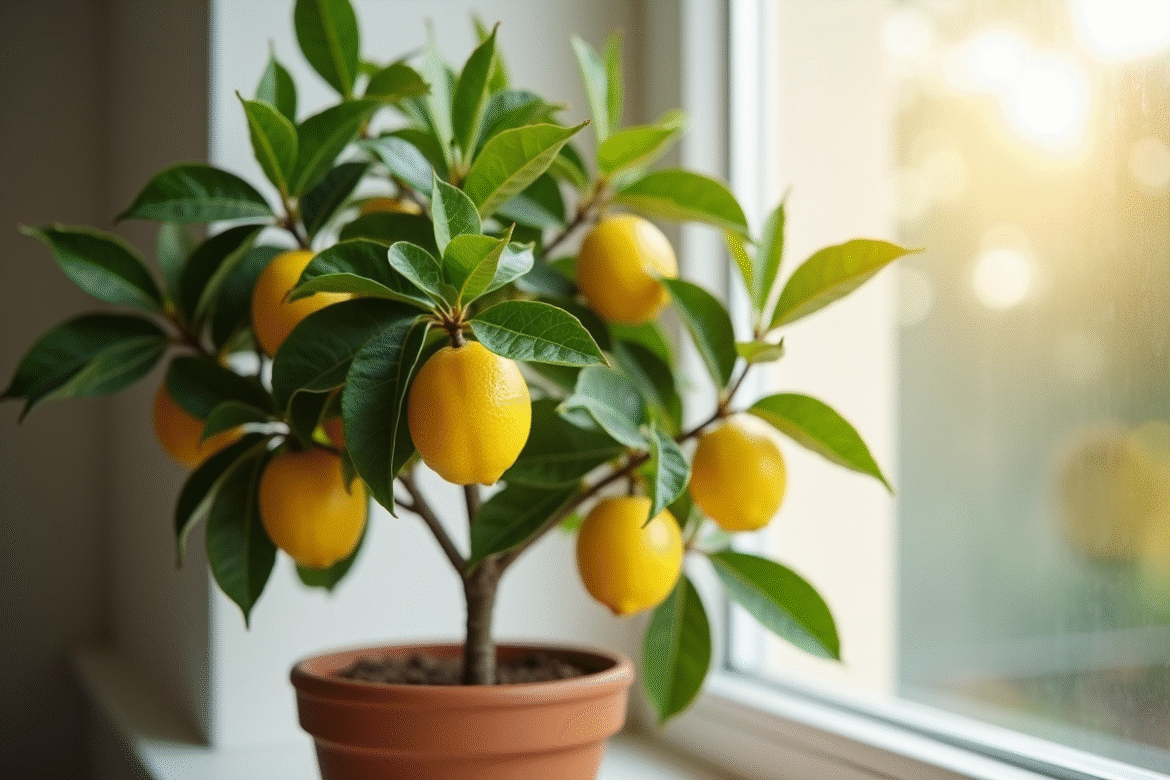 Citronnier en pot près d'une fenêtre lumineuse