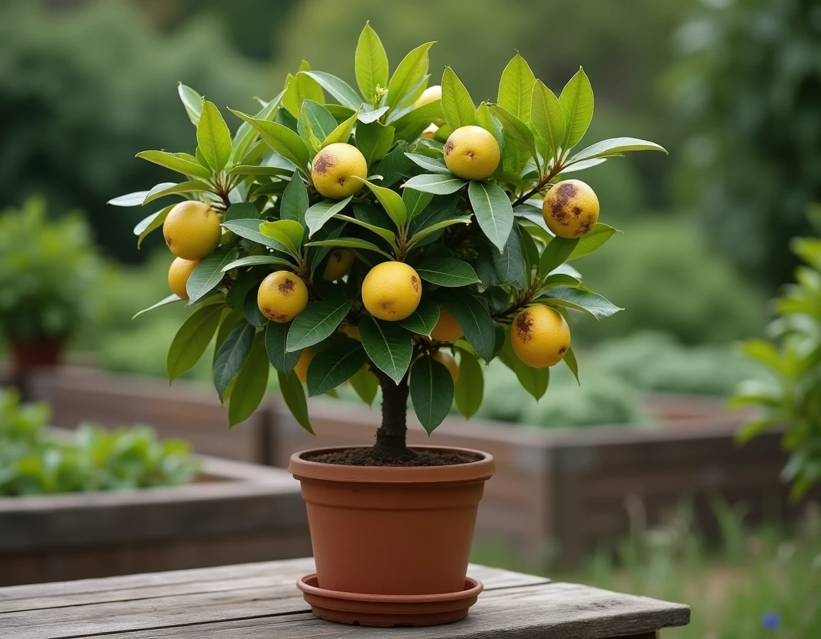Citronnier en pot avec feuilles malades montrant des tâches brunes et des fruits abîmés dans un jardin