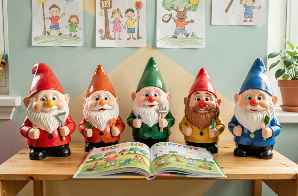 Collection de nains de jardin colorés alignés sur une étagère dans une chambre d'enfant avec un livre de jeux