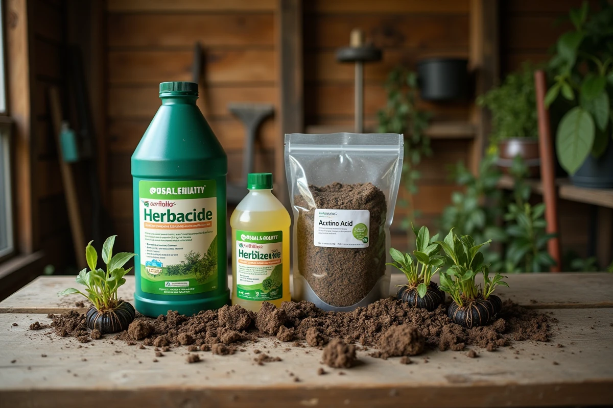 Vue aérienne d'un établi de jardinage comparant un herbicide au glyphosate et des alternatives naturelles de désherbage, avec mauvaises herbes arrachées et terre