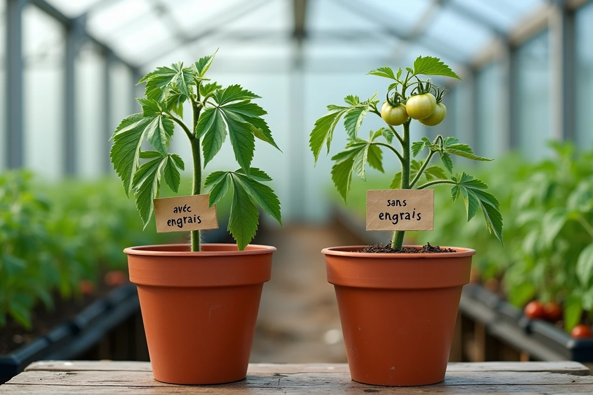 Comparaison de plants de tomates avec et sans engrais dans une serre, montrant la différence de croissance