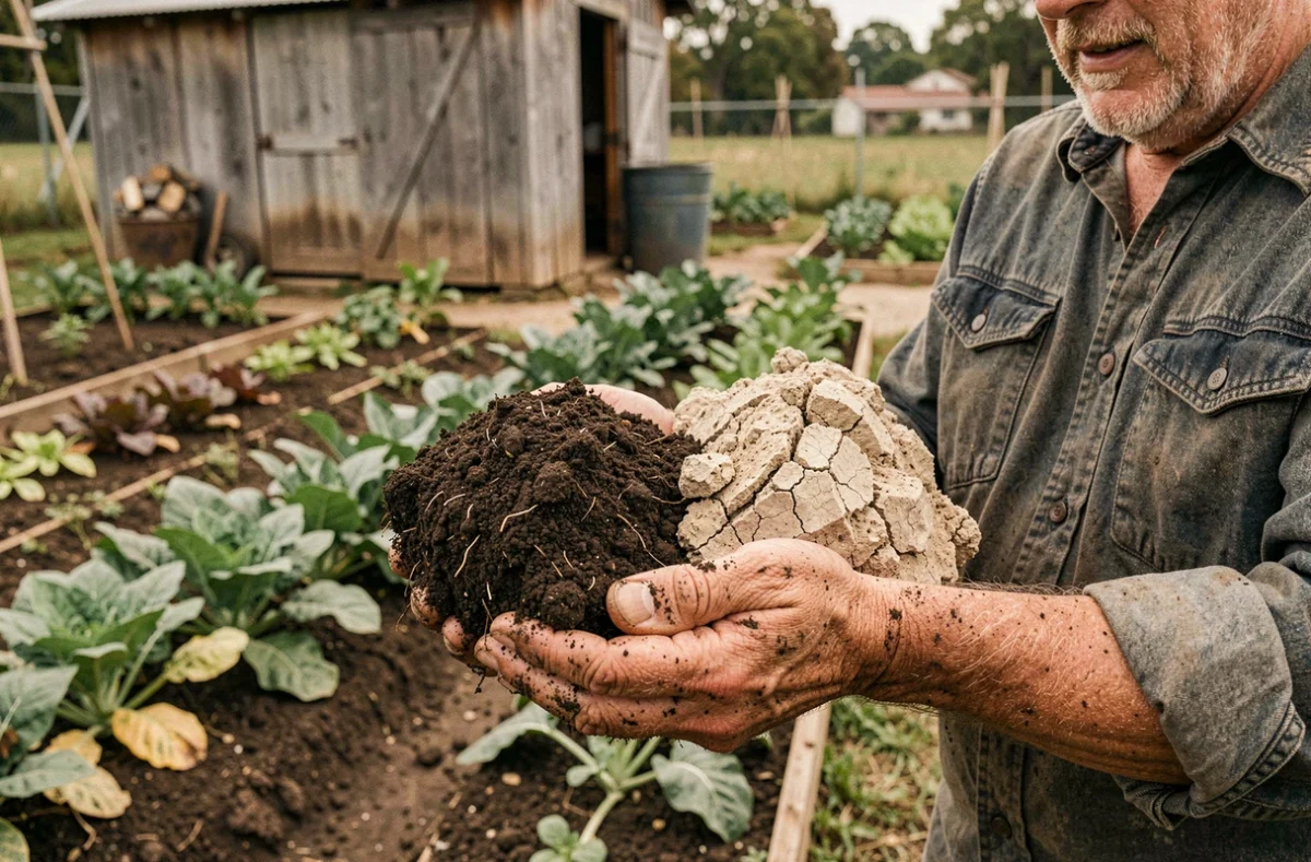 Comparaison entre une terre pauvre sèche et une terre amendée riche pour potager tenue dans les mains d'un jardinier