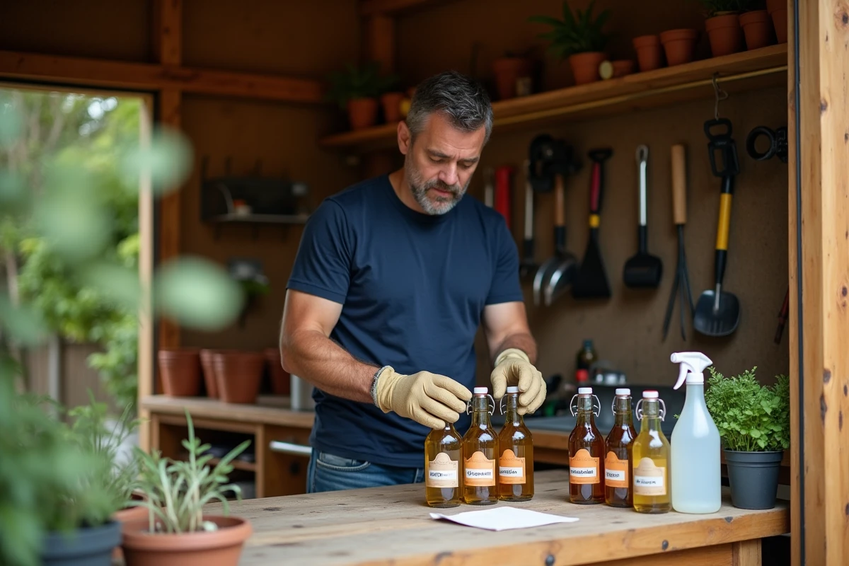 Comparaison de différents types de vinaigre pour le désherbage naturel sur un établi de jardinage