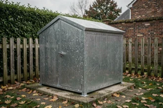 Conteneur abri de jardin en acier galvanisé résistant au vent et à l'humidité dans un jardin de banlieue