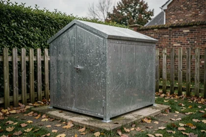 Conteneur abri de jardin en acier galvanisé résistant au vent et à l'humidité dans un jardin de banlieue