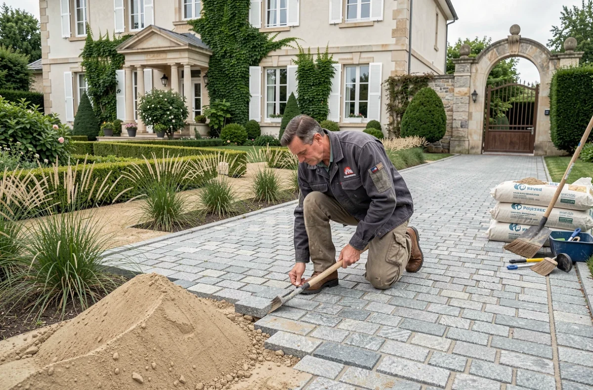 Spécialiste de Daniel Moquet Signe Vos Jardins posant des pavés en granit pour une allée décorative devant une maison française classique avec portail en pierre