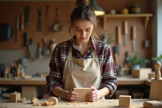 Femme débutante en sculpture sur bois tenant un bloc de tilleul dans un atelier artisanal avec des outils de sculpture posés sur un établi en bois