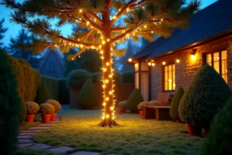 Sapin de jardin décoré de guirlandes lumineuses blanches pour Noël avec haies en buis illuminées au crépuscule