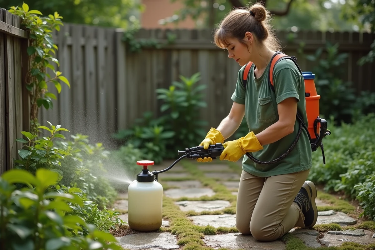 Femme appliquant un désherbant avec un pulvérisateur manuel sur les mauvaises herbes entre les pavés d'un jardin, comparaison glyphosate et alternatives naturelles