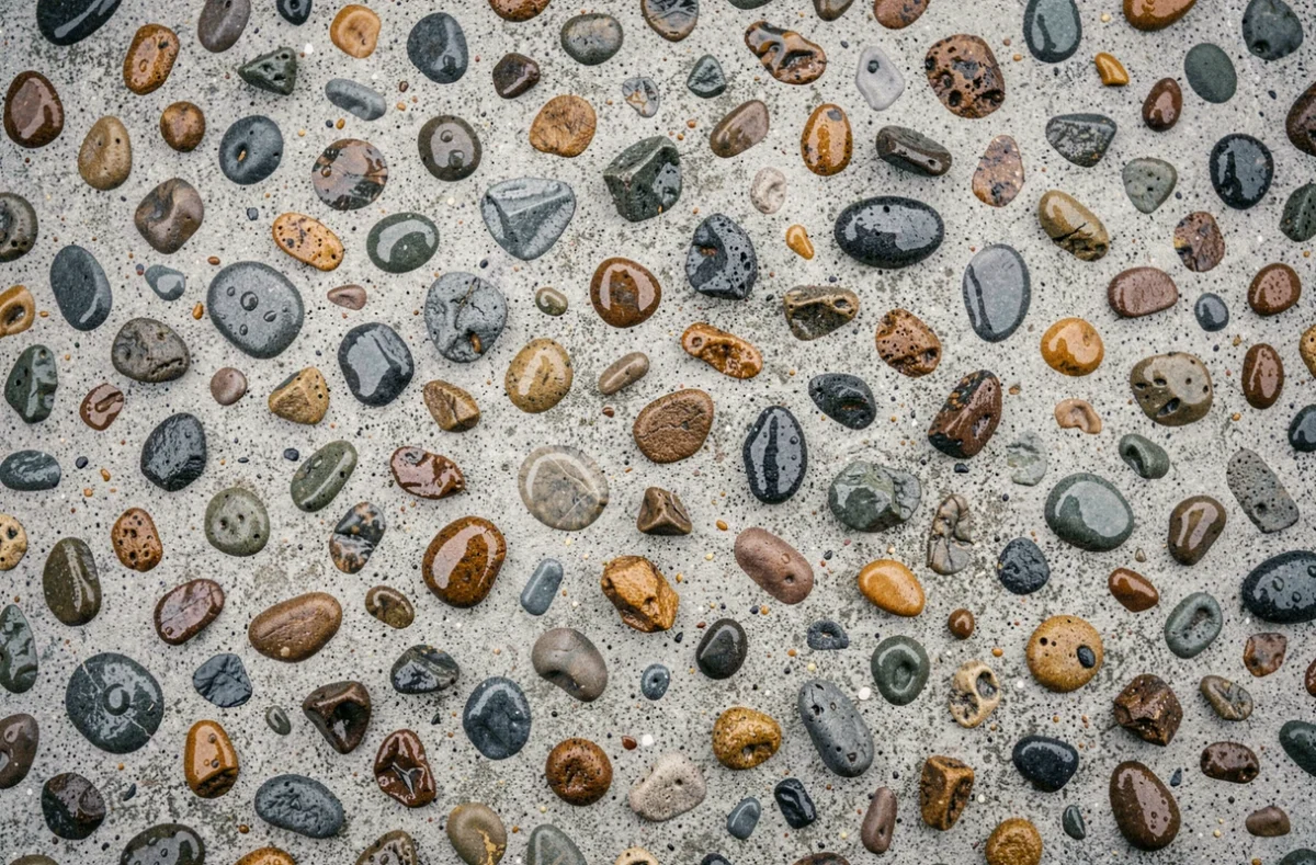 Gros plan sur la surface d'un béton désactivé avec galets apparents, détail de texture après la pluie pour une entrée de maison