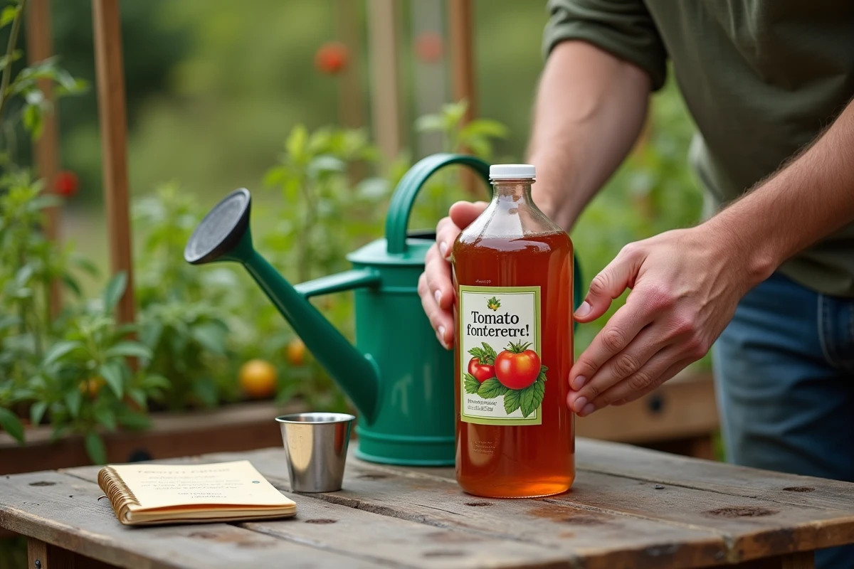 Mains préparant la dose d'engrais liquide pour tomates avec carnet de suivi de fertilisation