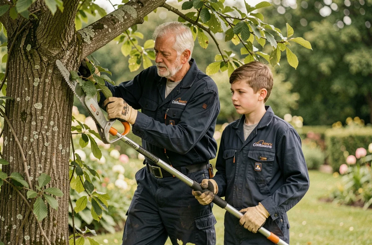 Elagage Sauzaire et Fils, arboristes père et fils en uniformes bleus marine élaguant un châtaignier dans un jardin privé français