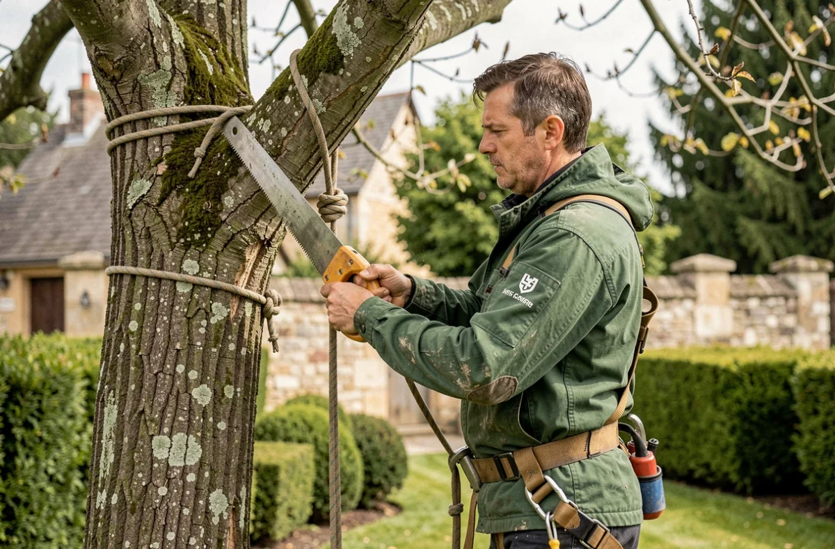 Élagueur d'Élagage Service Revaux en action, sécurisé sur un arbre avec harnais et scie professionnelle dans un jardin de banlieue