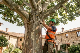 Élagueur professionnel travaillant en hauteur dans un arbre à Avignon avec équipement de sécurité complet