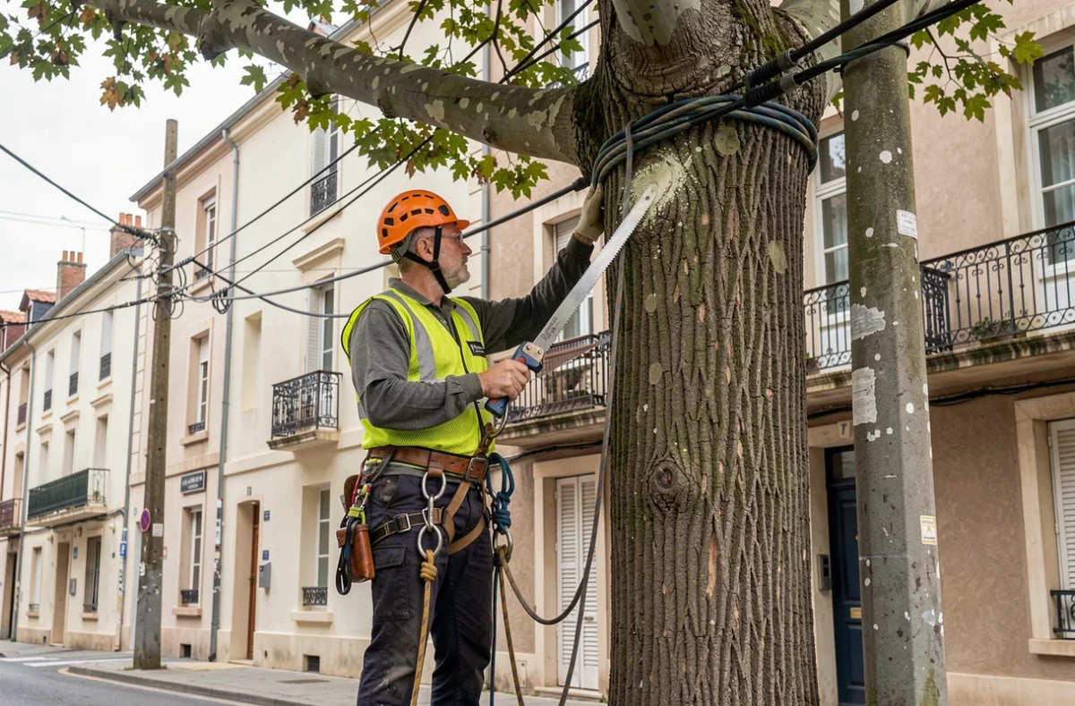 Élagueur professionnel élagant un arbre à proximité des lignes électriques de distribution en France