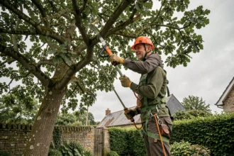 Élagueur professionnel en hauteur dans un arbre avec équipement de sécurité dans le Morbihan