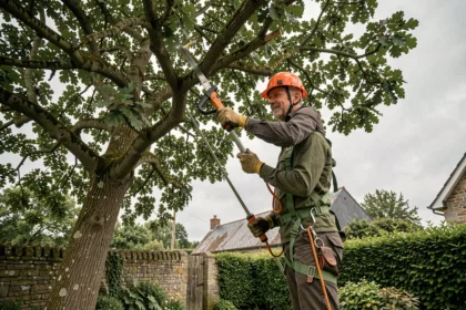 Élagueur professionnel en hauteur dans un arbre avec équipement de sécurité dans le Morbihan