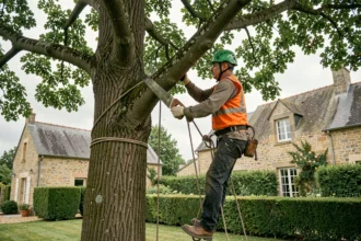 Élagueur professionnel équipé d'un harnais et d'un casque de sécurité taillant un grand chêne dans un jardin résidentiel à La Roche-sur-Yon