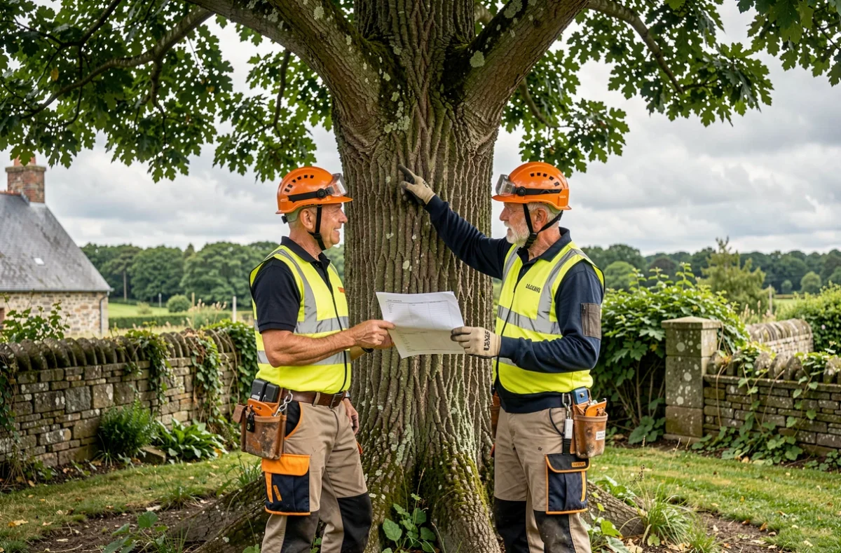 Deux élagueurs discutant d'un devis d'élagage devant un arbre dans une propriété bretonne