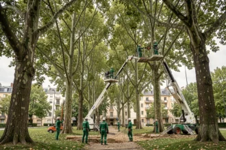 Équipe d'élagueurs professionnels travaillant dans un parc urbain de Seine-Saint-Denis, avec nacelles et équipements de sécurité