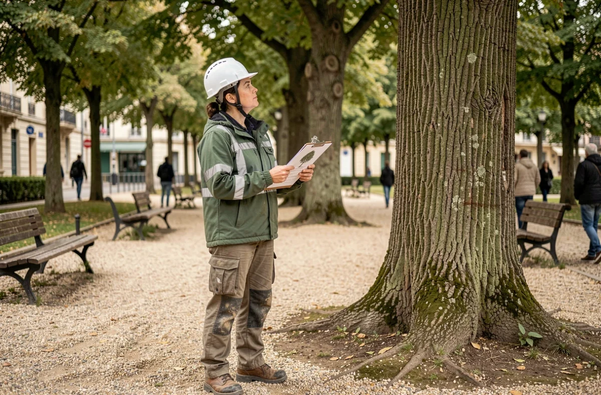 Élagueuse expérimentée évaluant un arbre en parc urbain avec une fiche technique, illustrant le processus de sélection d'un élagueur qualifié