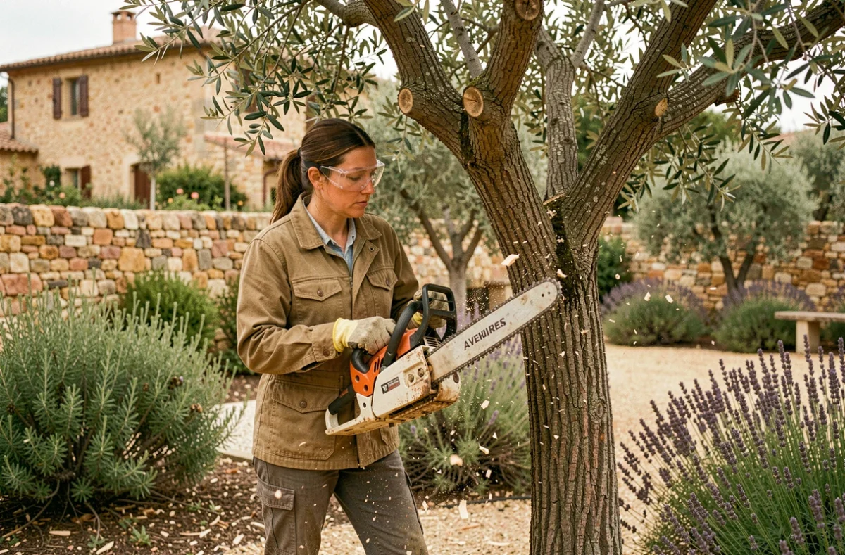 Élagueuse professionnelle taillant un olivier dans un jardin provençal à Avignon