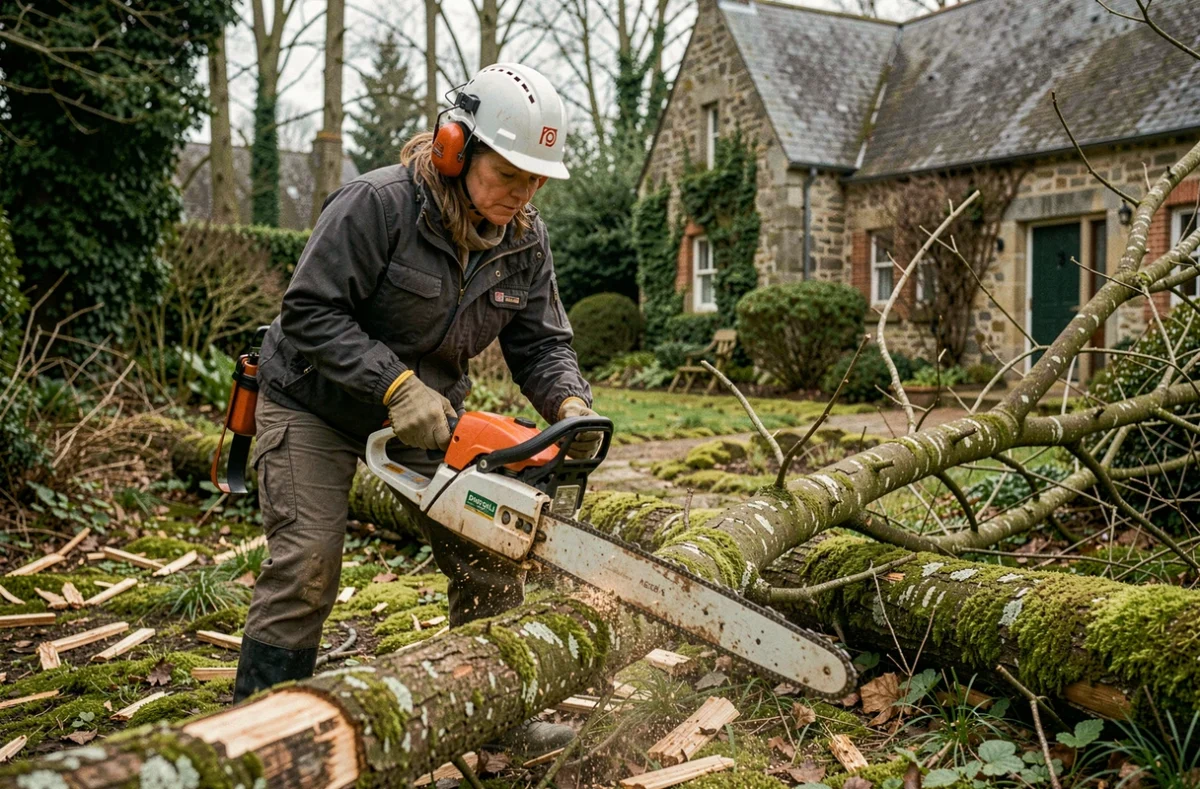 Élagueuse professionnelle utilisant une tronçonneuse pour couper des branches dans un jardin du Morbihan