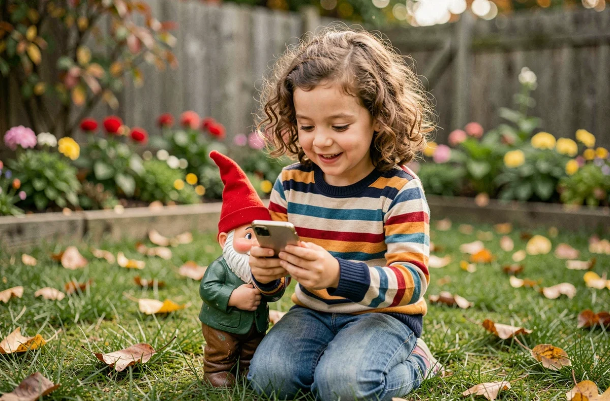 Petite fille tenant un nain de jardin et consultant un smartphone dans un jardin fleuri en automne