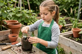 Jeune fille en tablier vert plaçant des vers de terre dans un bocal en verre rempli de terre humide dans un jardin pédagogique