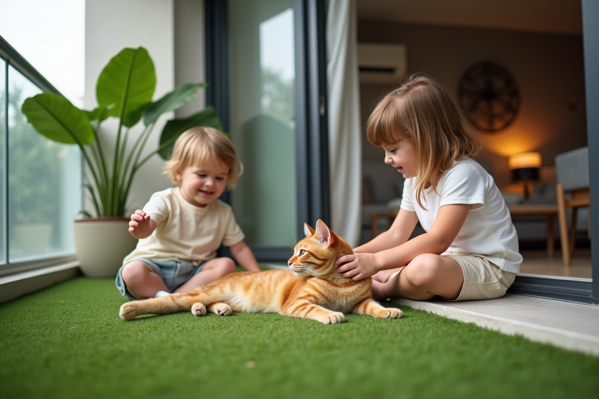 Enfants jouant avec un chat sur le tapis synthétique intérieur