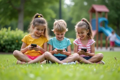 Trois enfants souriants avec smartphones dans un parc vert