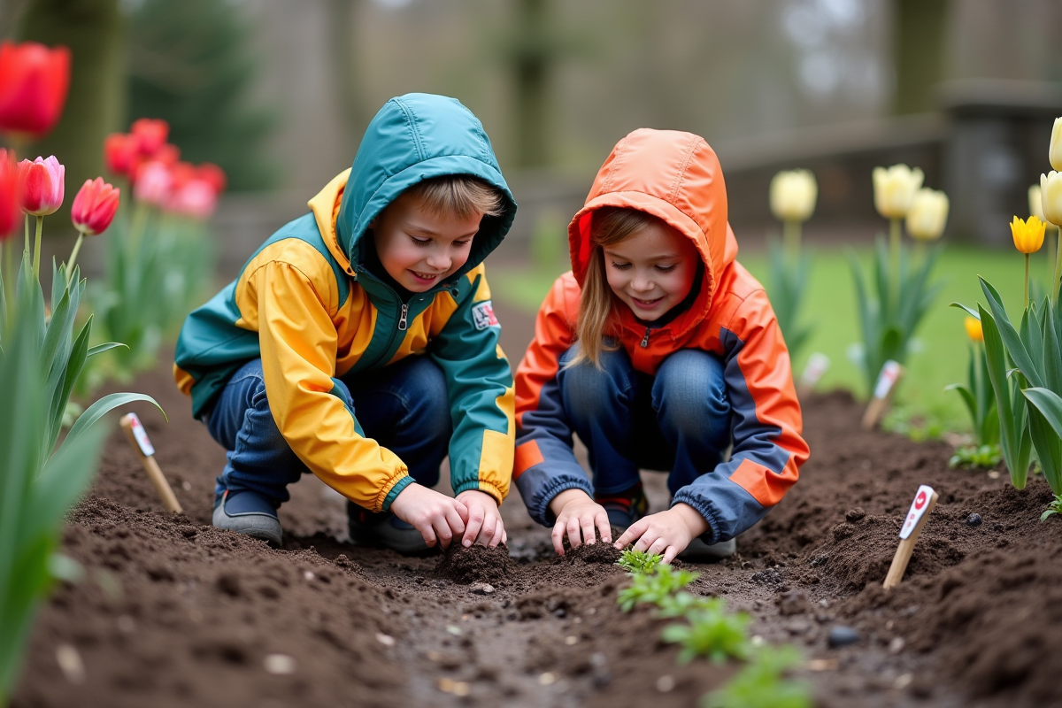 Enfants plantant des tulipes dans un jardin communautaire