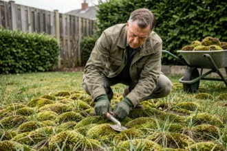 Homme utilisant un scarificateur pour enlever la mousse tenace entre les brins de gazon dans un jardin résidentiel