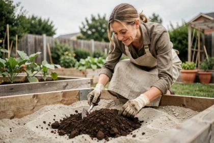 Femme qui enrichit une terre pauvre de potager en incorporant du compost avec un outil de jardinage