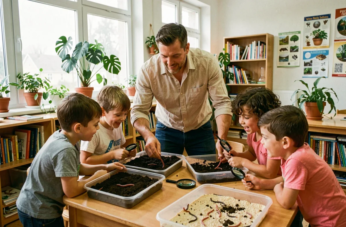Enseignant présentant des vers de terre à des élèves de primaire autour d'un bac de terre en classe de sciences