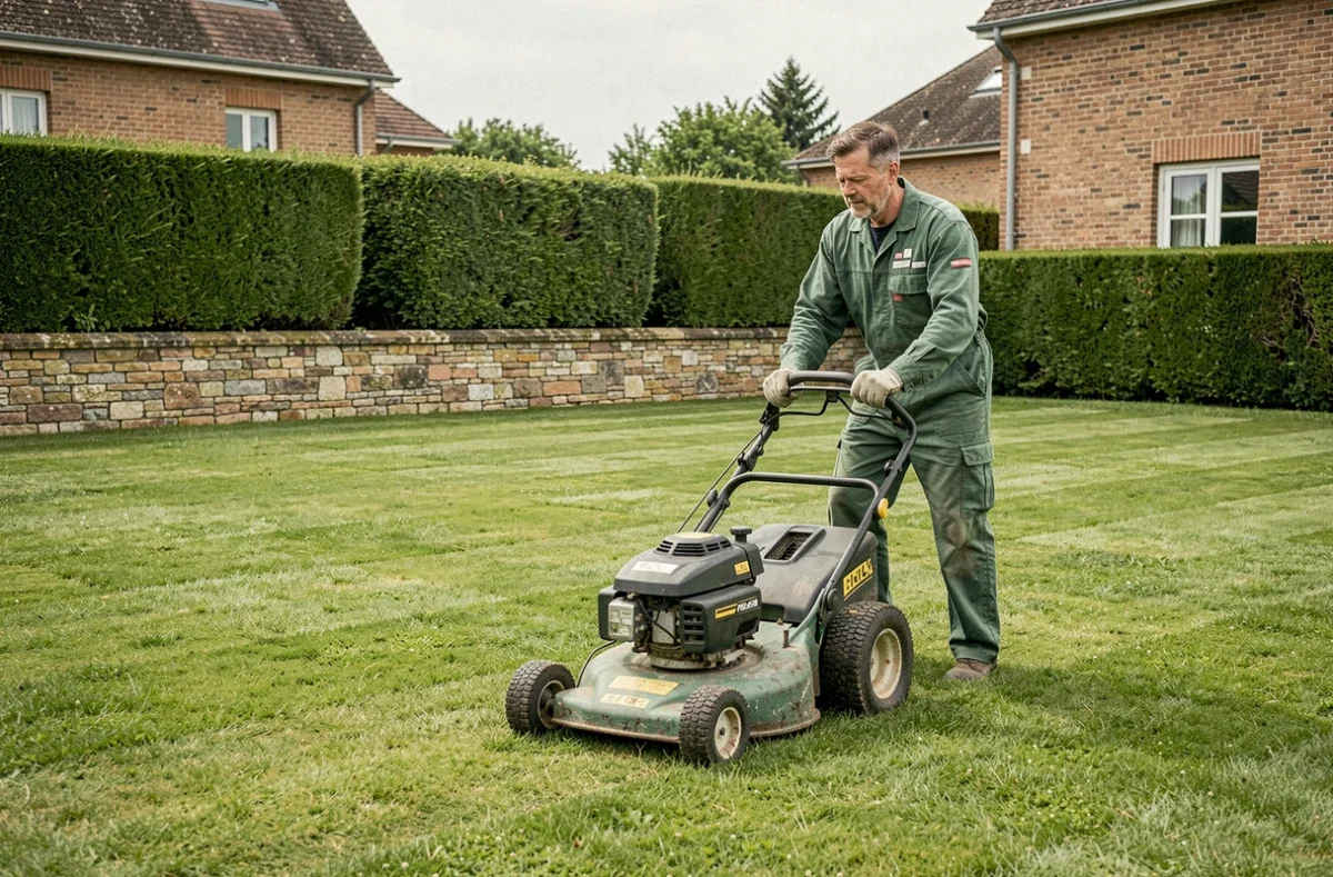 Agent d'entretien de L'Entretien du Jardin tondant une pelouse résidentielle bien entretenue avec haies taillées et maison traditionnelle en fond