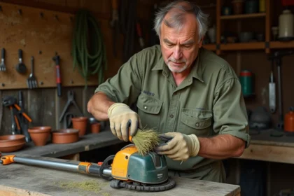 Homme entretenant la tête de coupe d'un rotofil sur un établi en bois dans un atelier de jardin