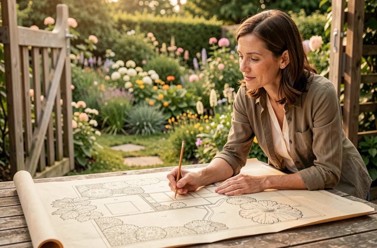 Conceptrice paysagère d'EQUILIBRE F BERNARDIN étudiant un plan de jardin sur mesure avec un jardin aménagé visible en arrière-plan