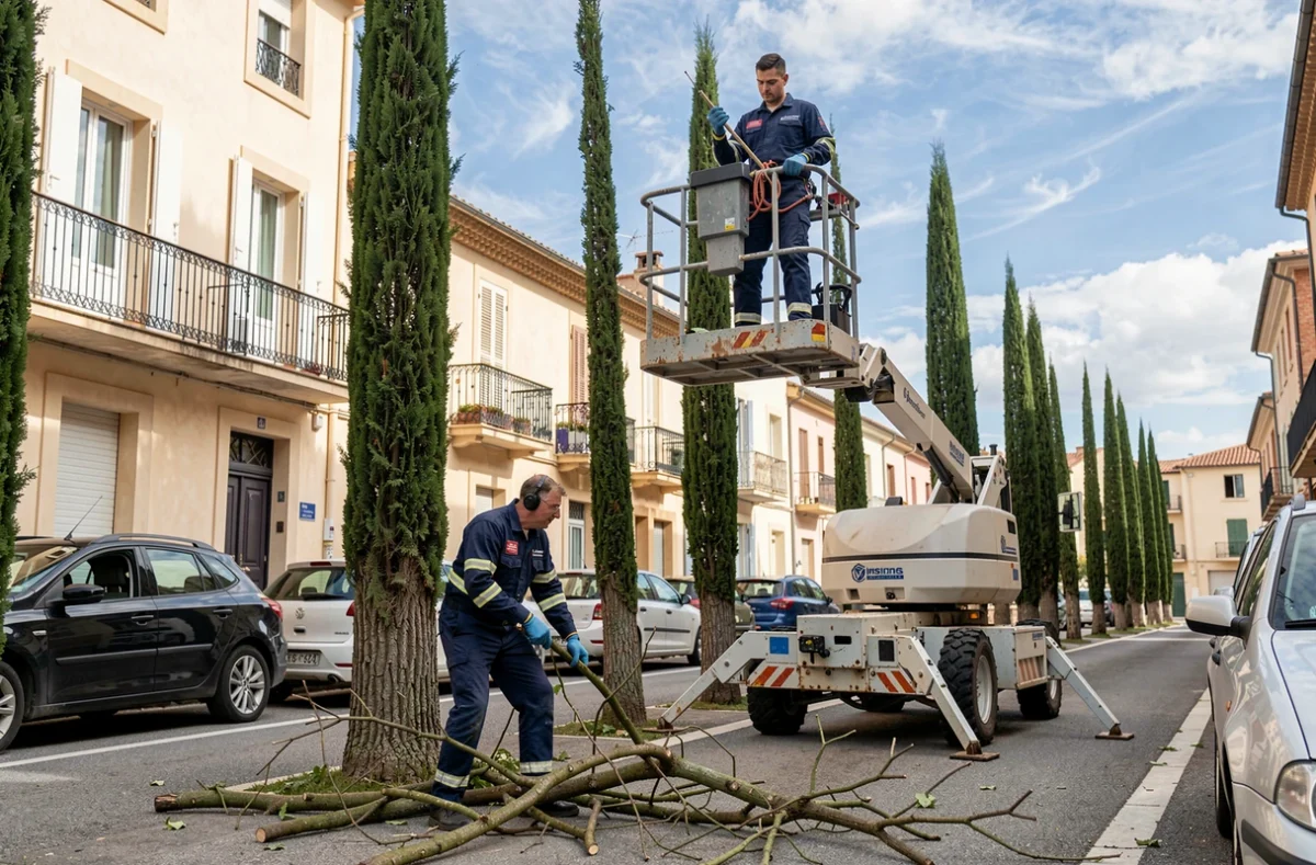 Équipe d'élagueurs professionnels avec nacelle élévatrice taillant des cyprès dans une rue d'Avignon