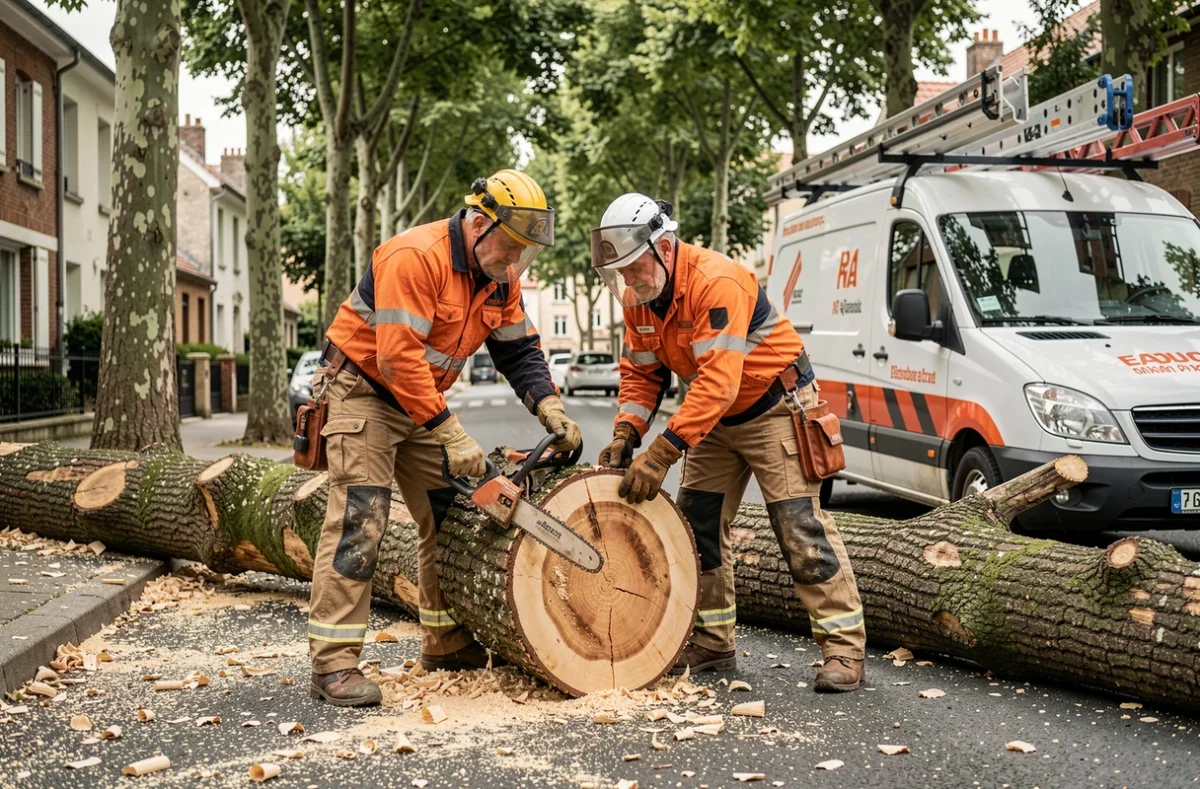 Deux élagueurs professionnels travaillant ensemble sur l'abattage d'un arbre en milieu périurbain, avec camion de chantier et équipements de sécurité