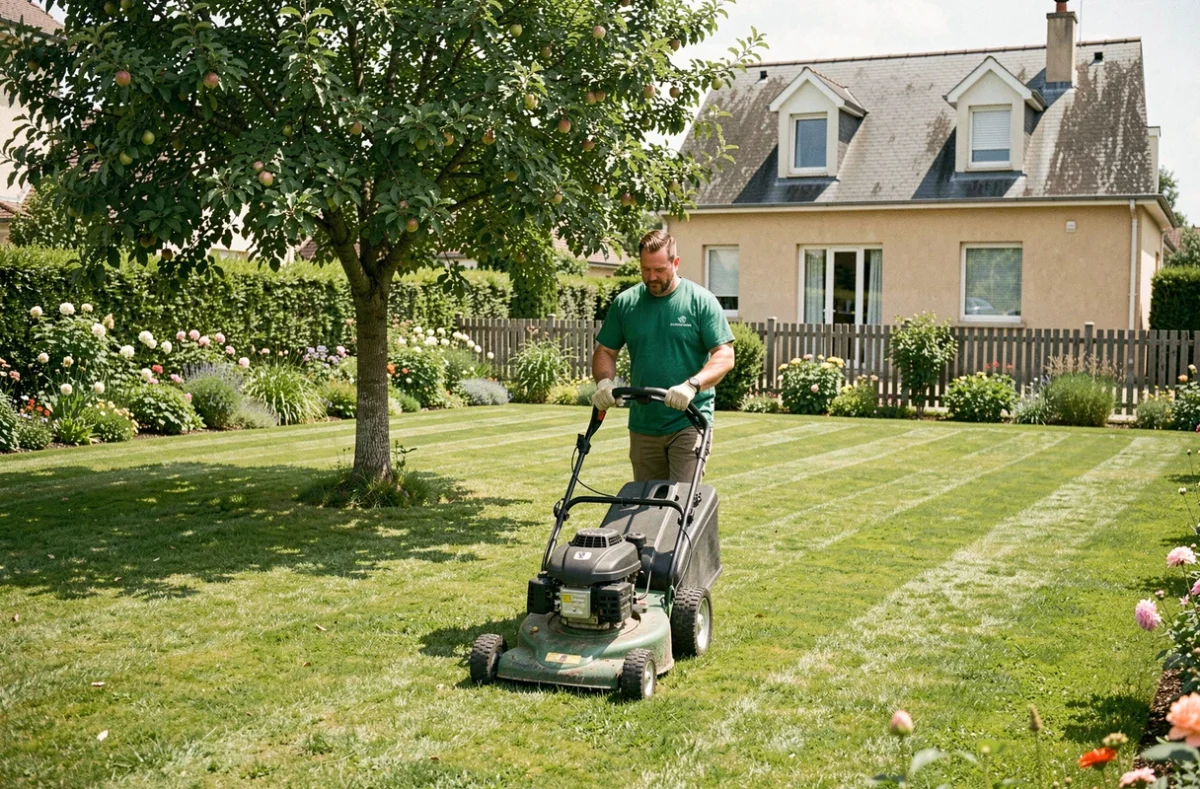Jardinier d'Espaces Verts Plus tondant une pelouse résidentielle à Saint-Maur-des-Fossés