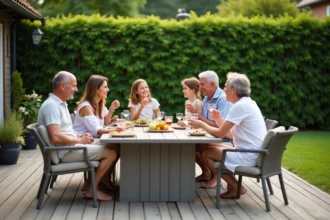 Famille multigenerations souriante autour d'une table extérieure