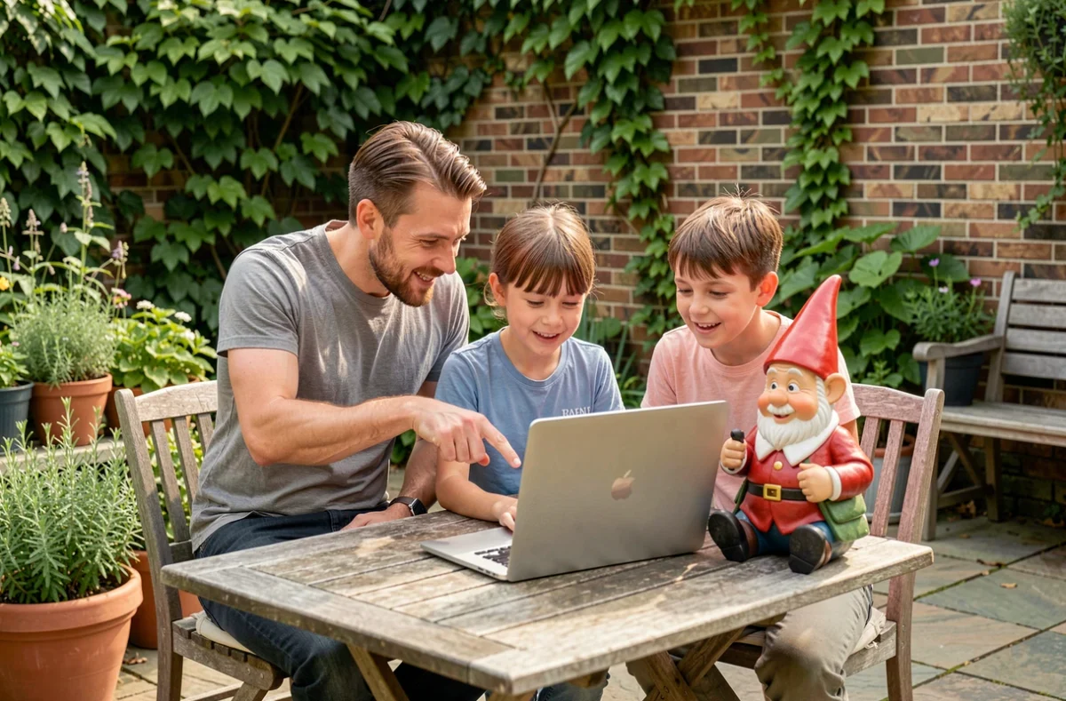 Parents et enfants utilisant un ordinateur portable avec un nain de jardin sur la table en extérieur