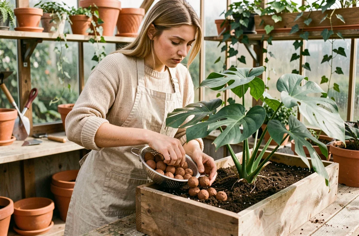 Femme versant des billes d'argile dans une jardinière en bois avec un plant de monstera dans une serre intérieure