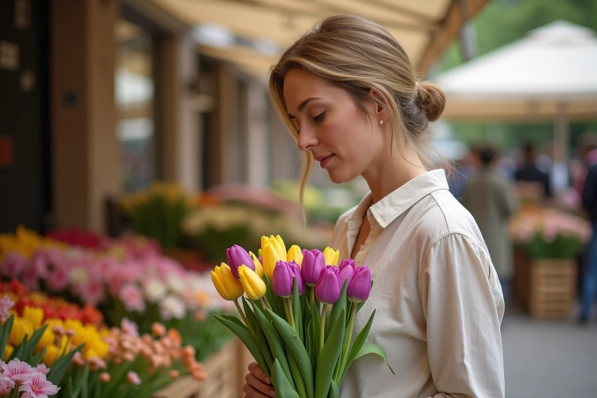 Femme tenant un bouquet de tulipes violettes et jaunes dans un marché aux fleurs illustrant la symbolique des tulipes selon leur couleur