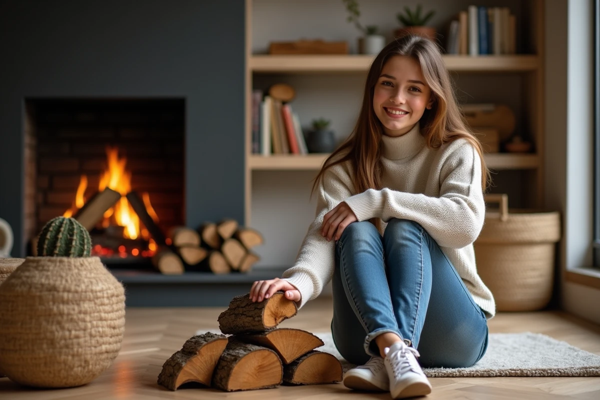 Jeune femme près de cheminée avec bois de chauffage