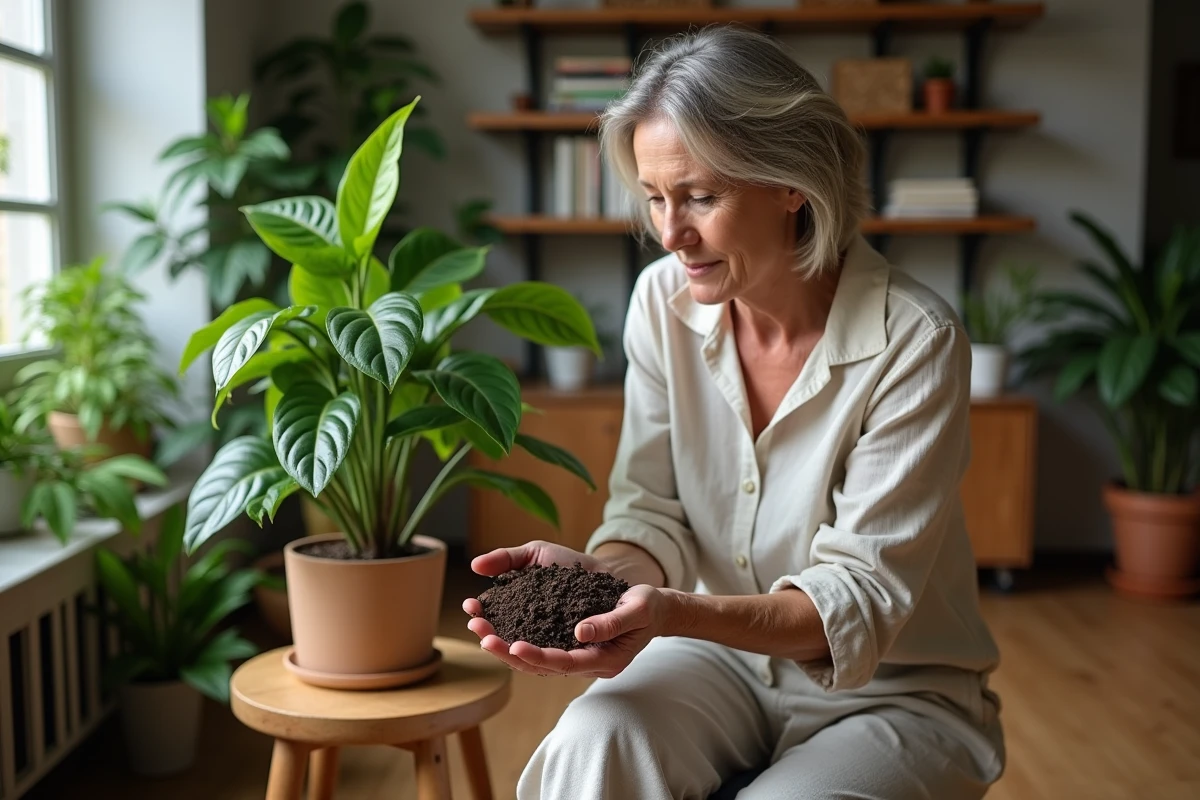 Femme mélangeant compost maison près d'un ficus en intérieur