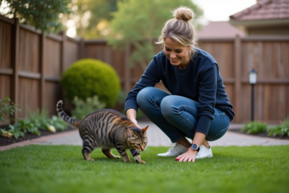 Femme et chat sur le tapis synthétique dans jardin