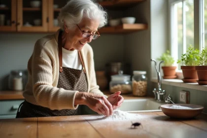 Femme âgée saupoudrant du bicarbonate dans la cuisine rustique