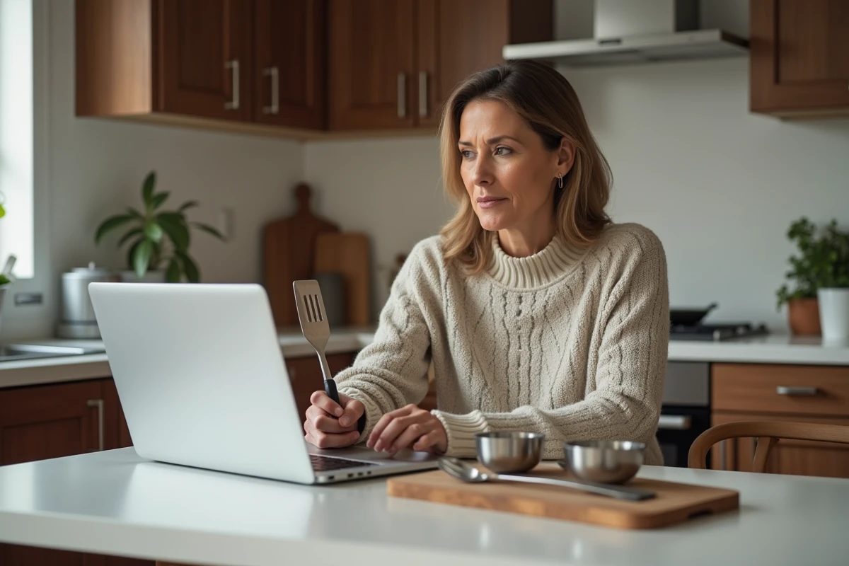 Femme comparant ustensiles de cuisine modernes dans une cuisine lumineuse
